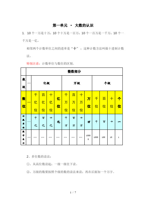 最新人教版小学四年级数学上册第一单元(大数的认识)知识点+测试题