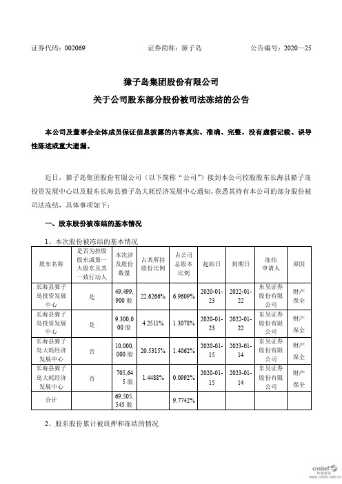 獐子岛：关于公司股东部分股份被司法冻结的公告
