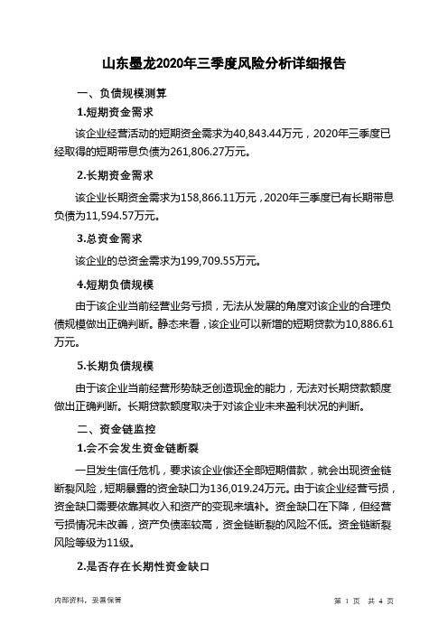 山东墨龙2020年三季度财务风险分析详细报告