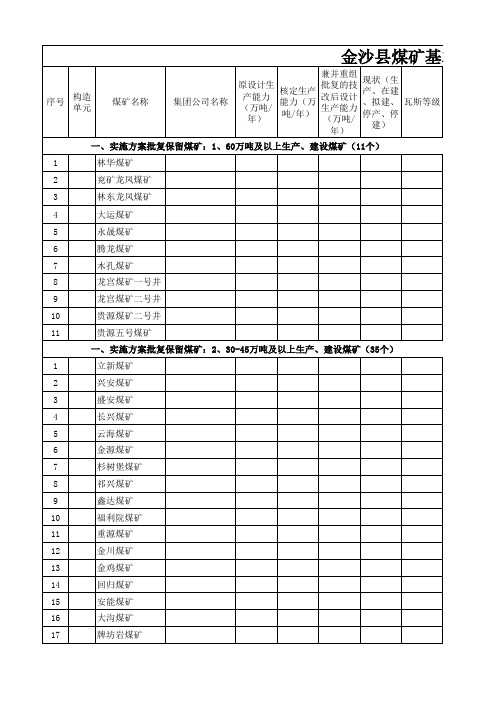 金沙县煤矿基本情况摸底排查汇总表