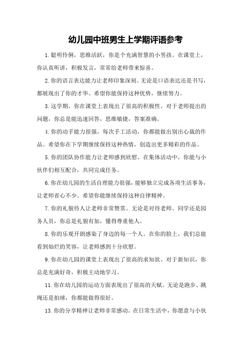 幼儿园中班男生上学期评语参考