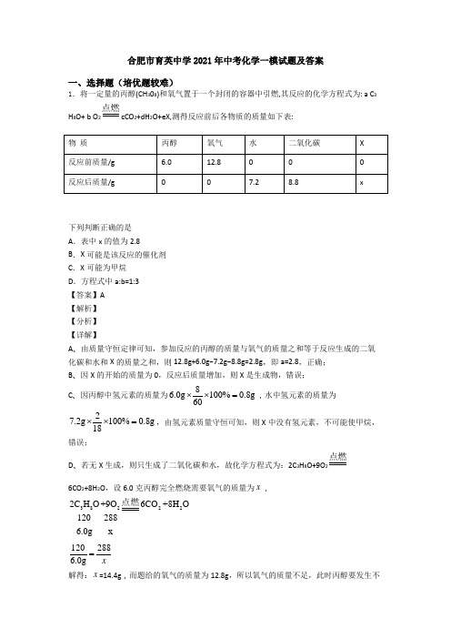 合肥市育英中学2021年中考化学一模试题及答案