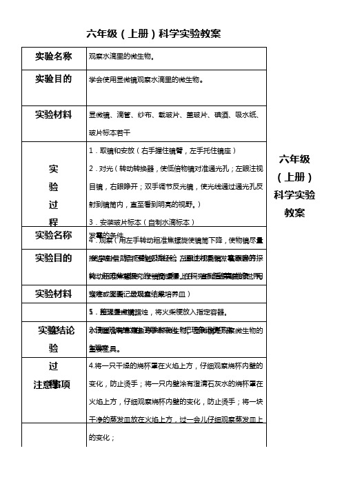 苏教版六年级上册科学实验教案