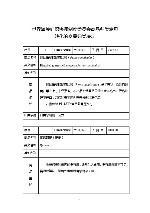 世界海关组织协调制度委员会商品归类意见转化的商品归类决定