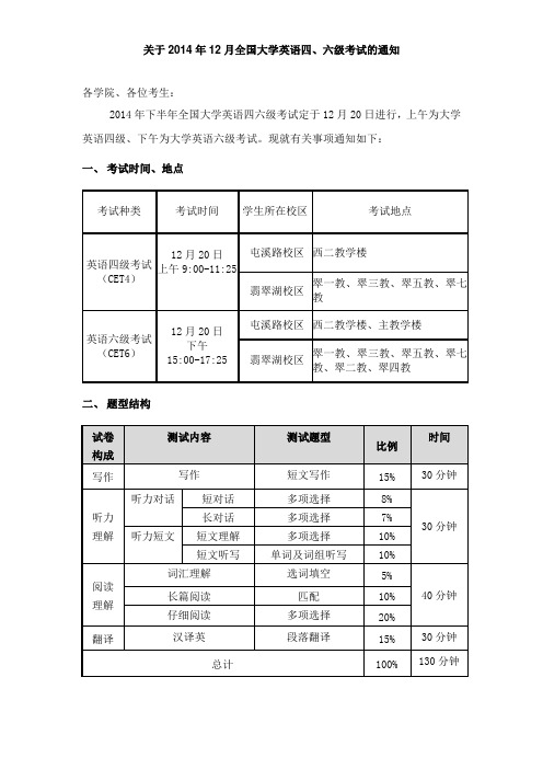 关于2014年12月全国大学英语四、六级考试的通知
