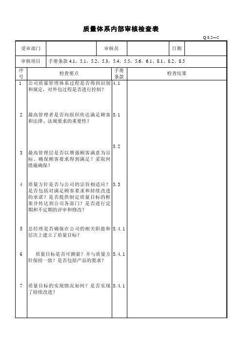质量体系内部质量审核检查表