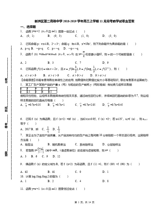 新洲区第二高级中学2018-2019学年高三上学期11月月考数学试卷含答案
