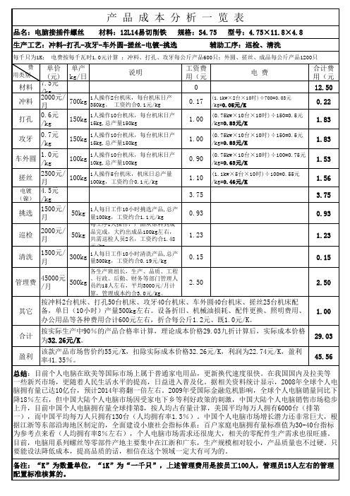 铁螺丝成本分析表Book1
