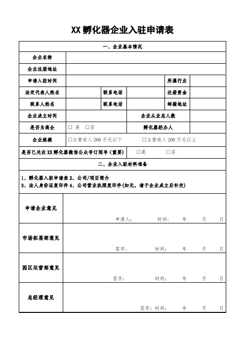 1孵化器企业入驻申请表