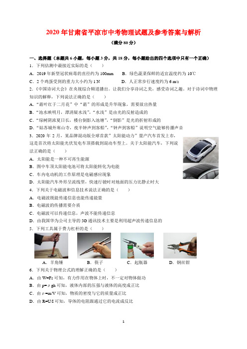 2020年甘肃省平凉市中考物理试题及参考答案(word解析版)