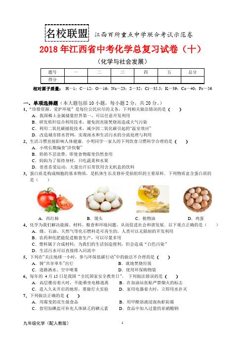 江西省2018年中考化学总复习试卷(十)