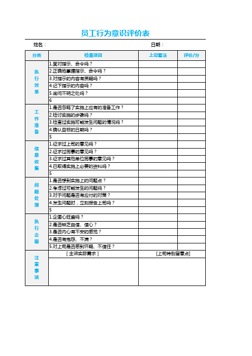 Excel表格模板：员工行为意识评价表