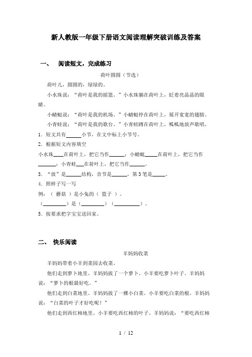 新人教版一年级下册语文阅读理解突破训练及答案