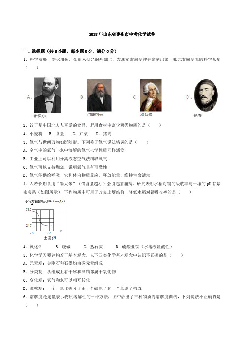 2018年山东省枣庄市中考化学试题(word版,有解析)