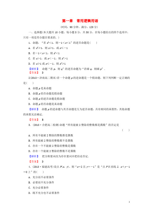 【课堂新坐标】(教师用书)2013-2014学年高中数学 第一章 常用逻辑用语综合检测 新人教B版选修2-1