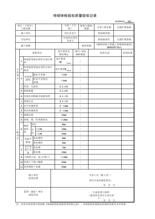 砖砌体检验批质量验收记录