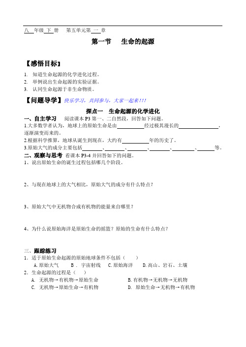 济南版八年级生物下册5.1.1生命的起源  导学案设计(无答案)