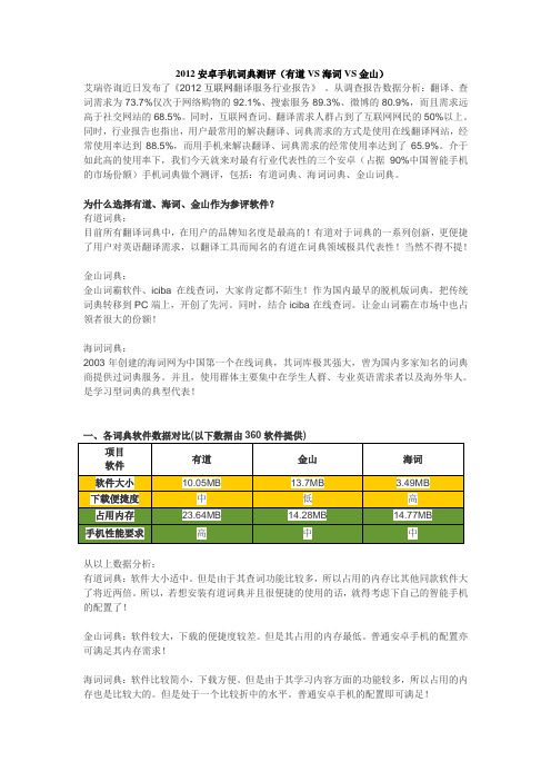 金山、海词、有道对比测评