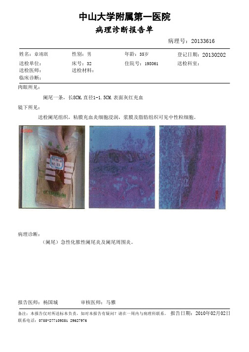 创意电子病历+中山大学附属第一医院+病理报告+急性化脓性阑尾炎