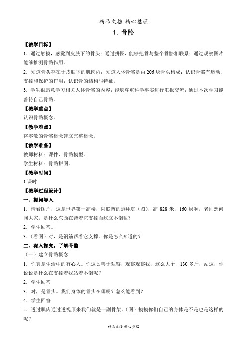 (新教材)苏教版四年级下册科学 1.1 骨骼 教案