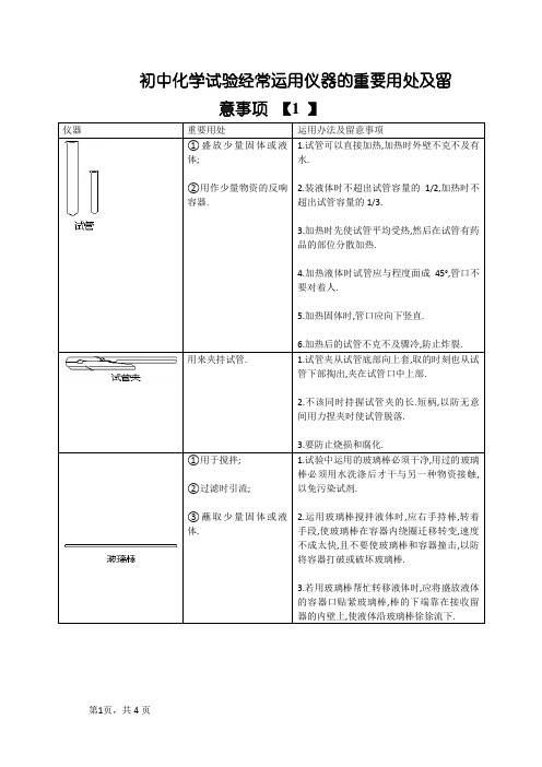 初中化学常见仪器的用途及注意事项