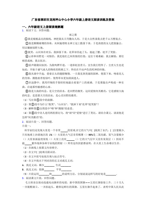 广东省深圳市龙岗坪山中心小学六年级上册语文阅读训练及答案