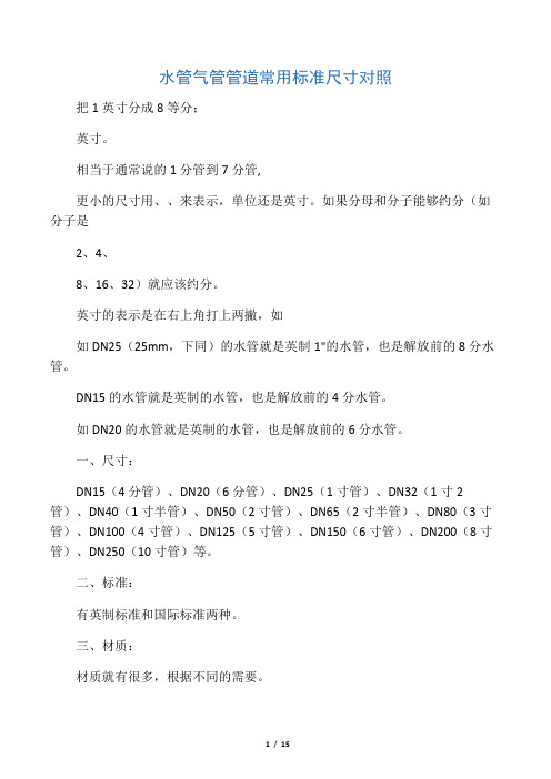 水管气管管道常用标准尺寸对照