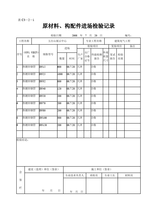 原材料构配件进场检验记录表
