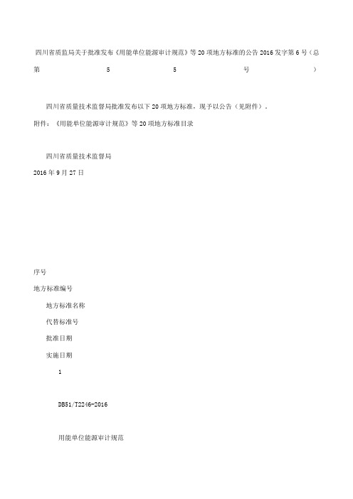 四川省质监局关于批准发布《用能单位能源审计规范》等项地方标准的公告 发字第号总第号
