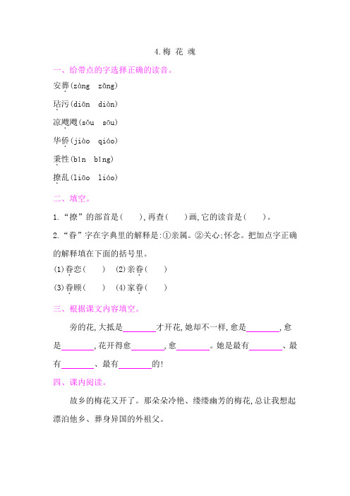 五年级下册语文一课一练4.梅 花 魂 人教部编版(含答案)