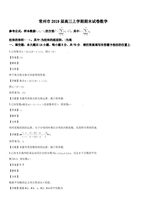 江苏省常州市2019届高三上学期期末考试数学试题(解析版)
