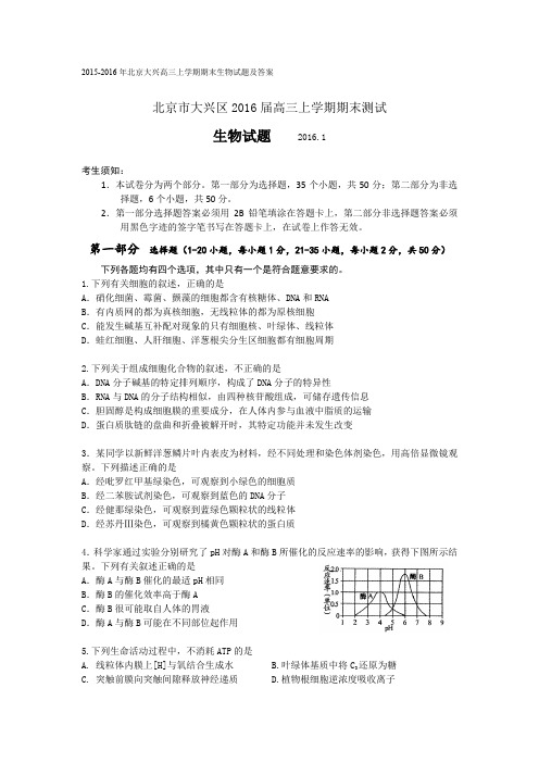 2015-2016年北京大兴高三上学期期末生物试题及答案