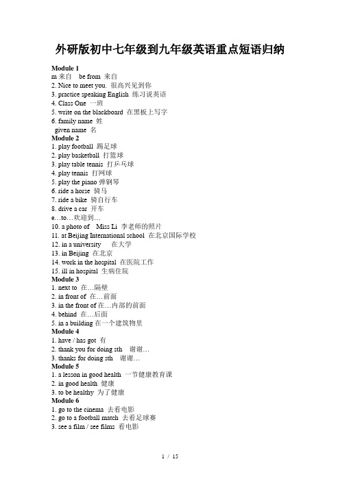 外研版初中七年级到九年级英语重点短语归纳