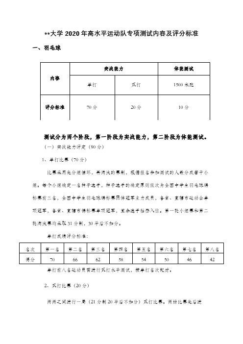安徽大学2020年高水平运动队专项测试内容及评分标准【模板】
