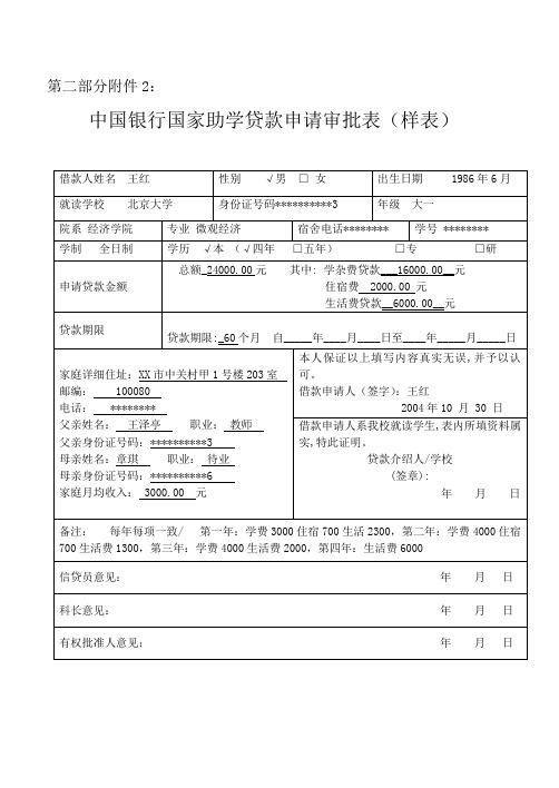 中国银行国家助学贷款申请审批表(样表)【模板】