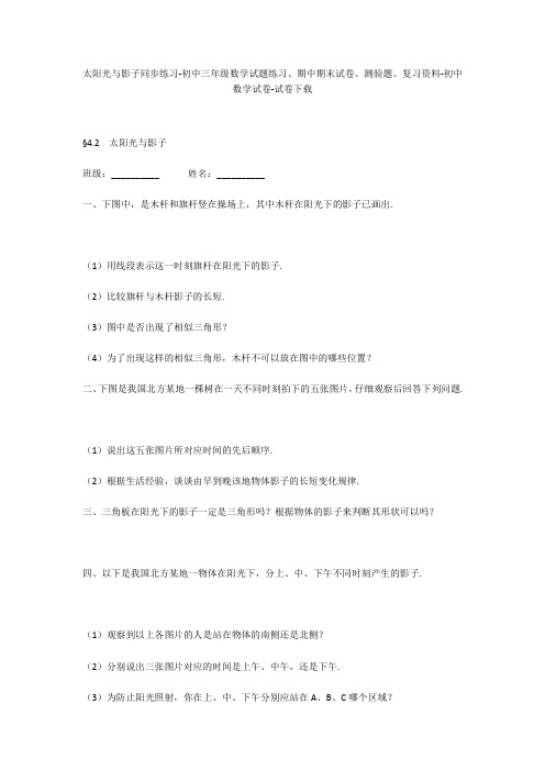 太阳光与影子同步练习-初中三年级数学试题练习、期中期末试卷-初中数学试卷
