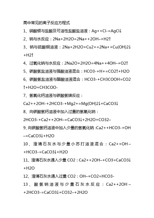 高中常见的离子反应方程式