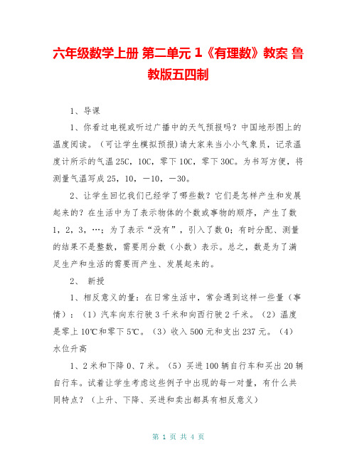 六年级数学上册 第二单元 1《有理数》教案 鲁教版五四制