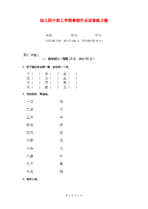 幼儿园中班上学期暑假作业试卷练习题