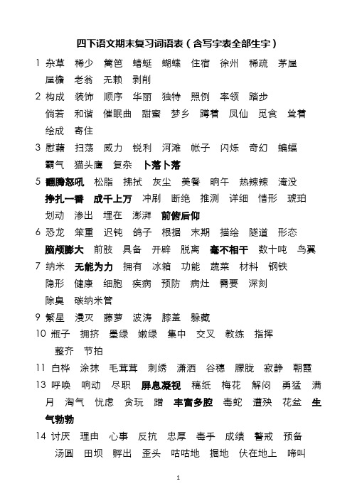 部编四下语文期末复习词语表(含识字表全部生字)