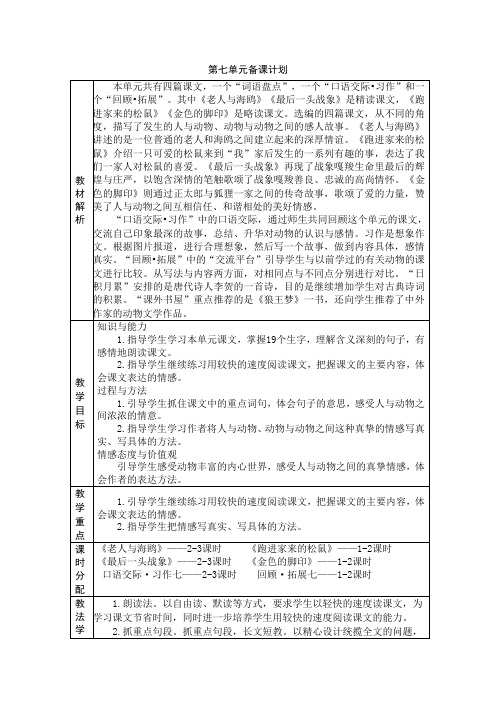 人教六年级语文上册第七单元教学案 包括教案和导学案