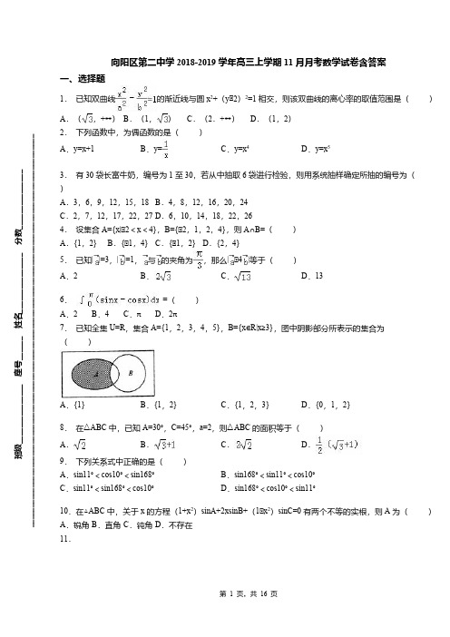 向阳区第二中学2018-2019学年高三上学期11月月考数学试卷含答案