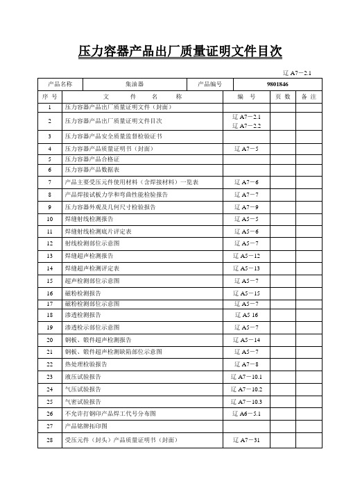压力容器产品出厂质量证明文件目次