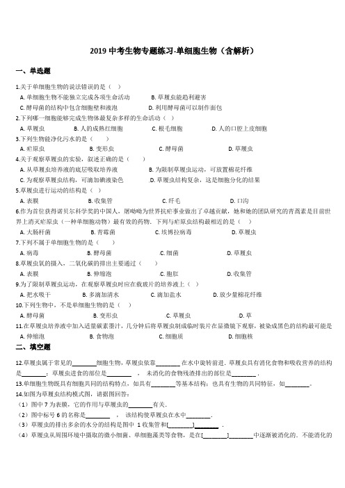 2019年中考生物专题练习：单细胞生物(含解析)