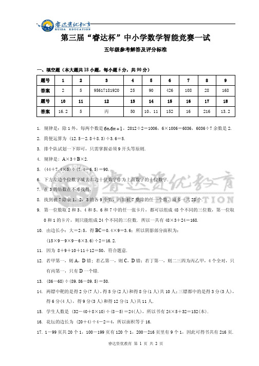 五年级第三届“睿达杯”数学智能竞赛一试 答案