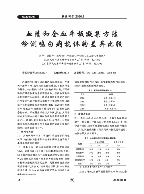 血清和全血平板凝集方法检测鸡白痢抗体的差异比较