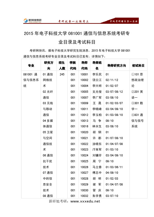 2015年电子科技大学081001通信与信息系统考研专业目录及考试科目-新祥旭考研辅导