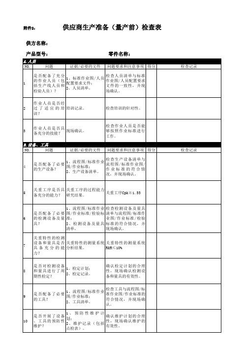 供应商生产准备(量产前)检查表