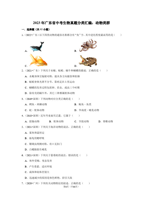 2023年广东省中考生物真题分类汇编：动物类群(附答案解析)