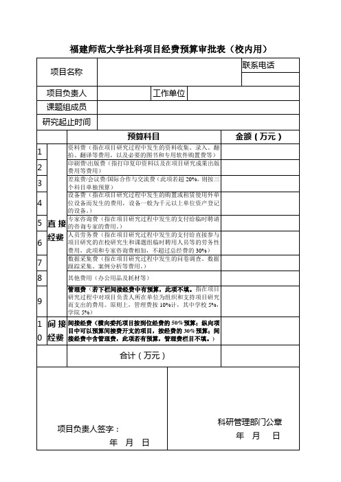 福建师范大学社科项目经费预算审批表